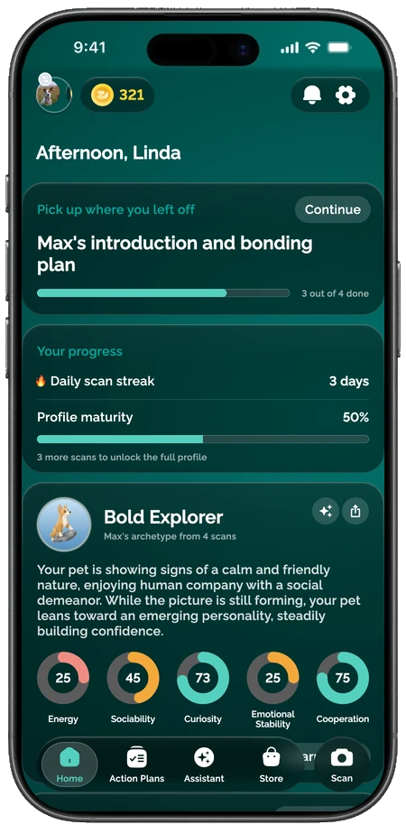 The Zoomies app showing a dog's personality profile with trait scores
