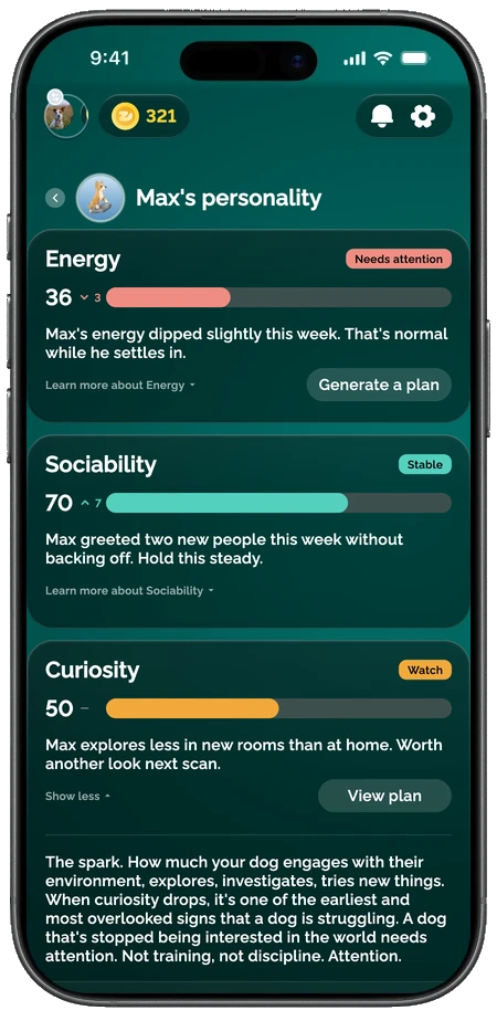 The Zoomies AI app showing a dog's personality profile with trait scores